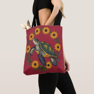 Tote Bag Malaclemys Tortue et Fleurs de Susan aux Yeux Noir