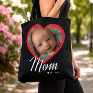 Tote Bag Maman a établi un script Cœur rouge Photo Noir