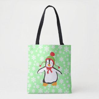 Tote Bag Manchot mignon avec fond de flocons de neige