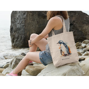 Tote Bag Manchots aquarelle aux tons de coucher de soleil,