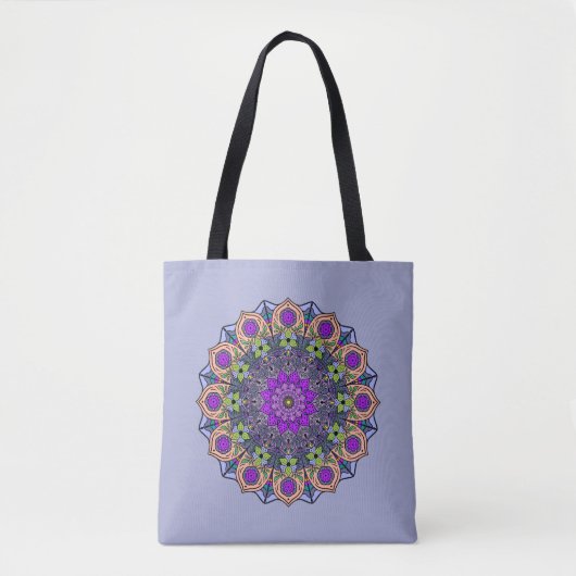 Tote Bag Mandala 12 Violet Peach rose vert sur violet - (Devant)
