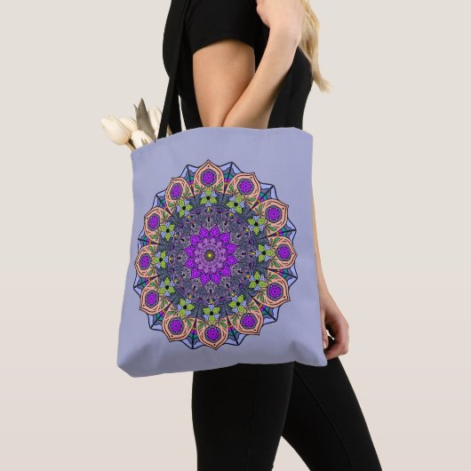 Tote Bag Mandala 12 Violet Peach rose vert sur violet - (De près)