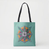 Tote Bag Mandala 8 pétales verts Fleur sur Turquoise - (Devant)