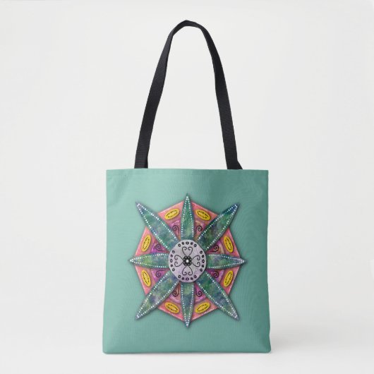 Tote Bag Mandala 8 pétales verts Fleur sur Turquoise - (Devant)