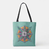 Tote Bag Mandala 8 pétales verts Fleur sur Turquoise - (Dos)