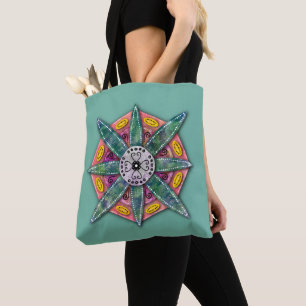 Tote Bag Mandala 8 pétales verts Fleur sur Turquoise -