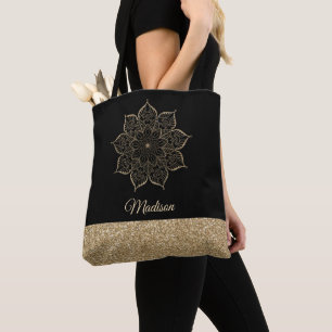 Tote Bag Mandala à paillettes dorées fausses sur fond noir