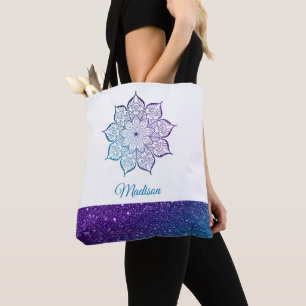 Tote Bag Mandala à paillettes fausses ombrées violet et sar