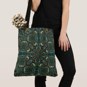 Tote Bag Mandala abstrait symétrique émeraude et or