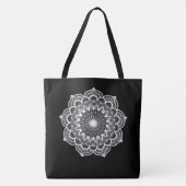 Tote Bag Mandala blanc sur fond noir (Devant)