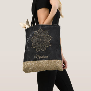 Tote Bag Mandala de fausse brillance dorée sur marbre noir