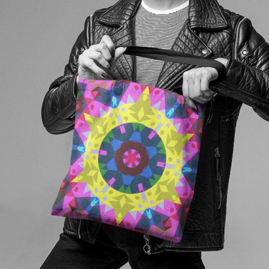 Tote Bag Mandala Flower bleu jaune et rose