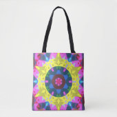 Tote Bag Mandala Flower bleu jaune et rose (Devant)