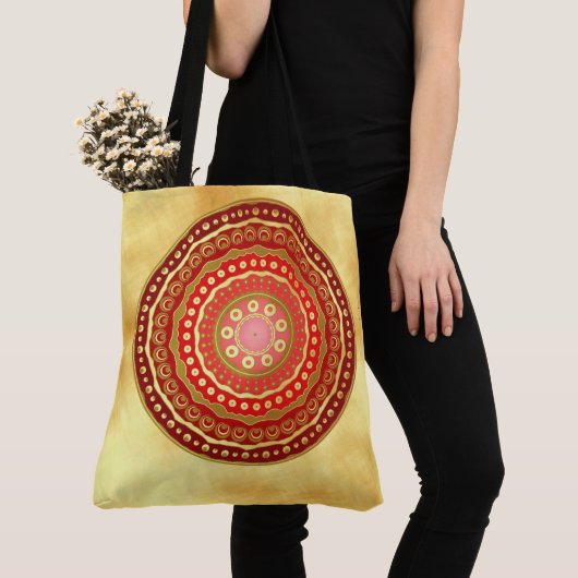 Tote Bag Mandala Rouge Points sur Fond Or Doux (De près)