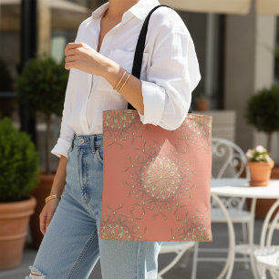 Tote Bag Mandala Saumon rose & Filigree Or Avec Diamants