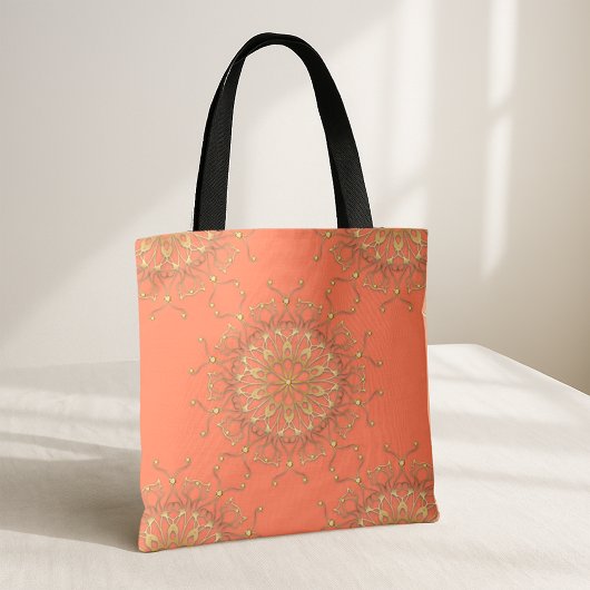 Tote Bag Mandala Saumon rose & Filigree Or Avec Diamants
