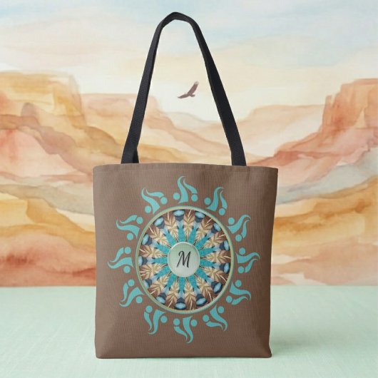 Tote Bag Mandala Sun Turquoise, marron, bleu et Tan Fourre-