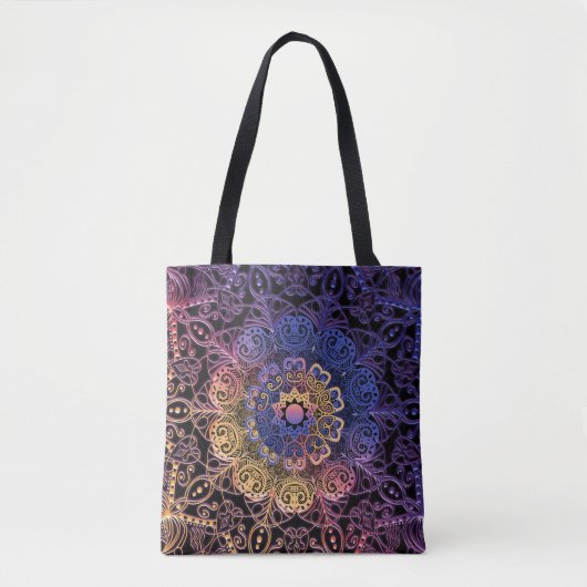 Tote Bag Mandala violet et jaune : dessin manuel (Devant)