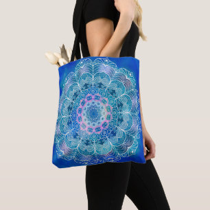 Tote Bag Mandala White Outline 12 sur Blue Turquoise -
