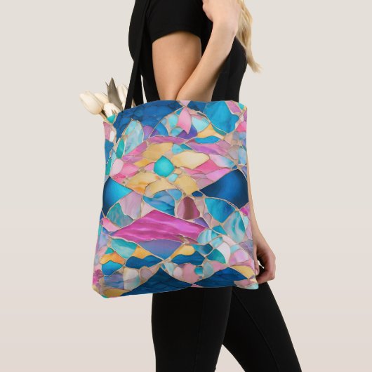 Tote Bag "Manilva" Sable rose Bleu Vagues fracturées (De près)