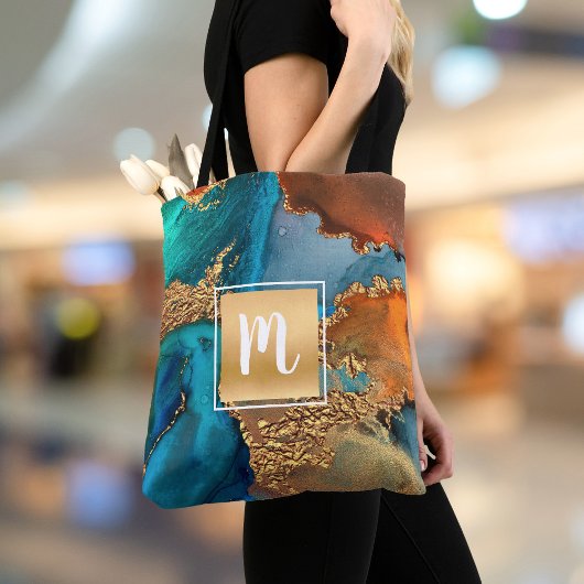 Tote Bag Marbre aquarelle monogramme or turquoise & orange