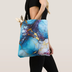 Tote Bag Marbre Azur et Améthyste avec Veines Dorées