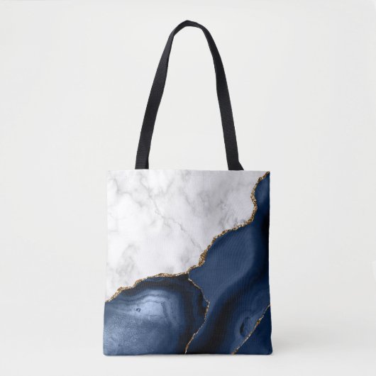 Tote Bag Marbre blanc Agate bleu marine doré (Devant)