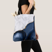 Tote Bag Marbre blanc Agate bleu marine doré (De près)