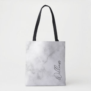 Tote Bag Marbre blanc Modern Script Nom personnalisé