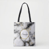 Tote Bag Marbre blanc moderne avec Monogramme de ruban or (Devant)