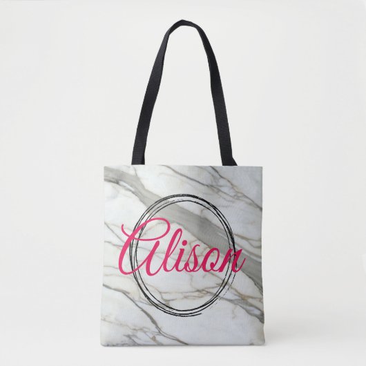 Tote Bag Marbre blanc tendance et fuchsia ajouter cadre nom (Devant)