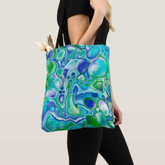 Tote Bag Marbre bleu et vert Fluid Art Abstrait (De près)