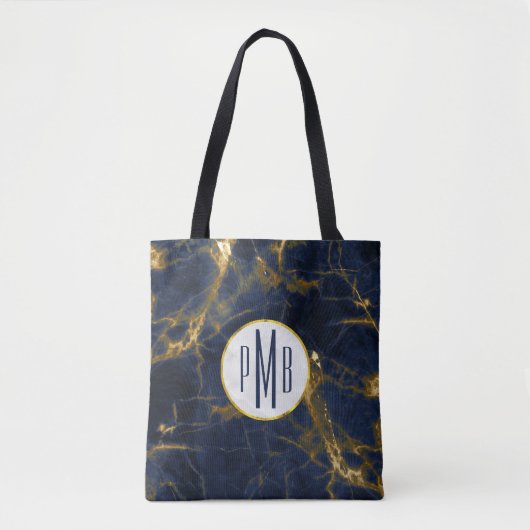Tote Bag Marbre bleu marine et or Marbre moderne Monogramme (Devant)