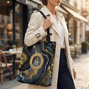 Tote Bag Marbre d'agate bleu marine et or Monogramme de lux