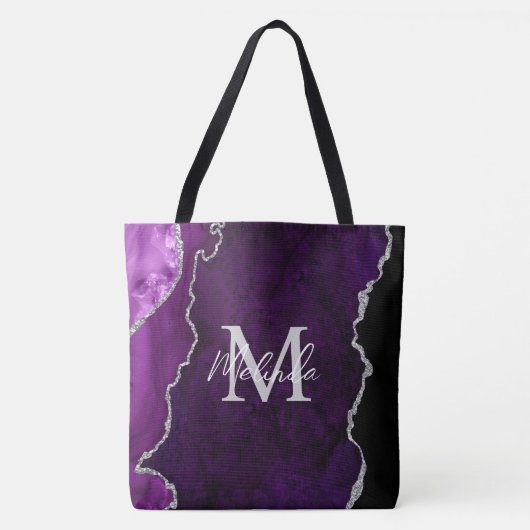 Tote Bag Marbre d'agate violet et argent (Devant)