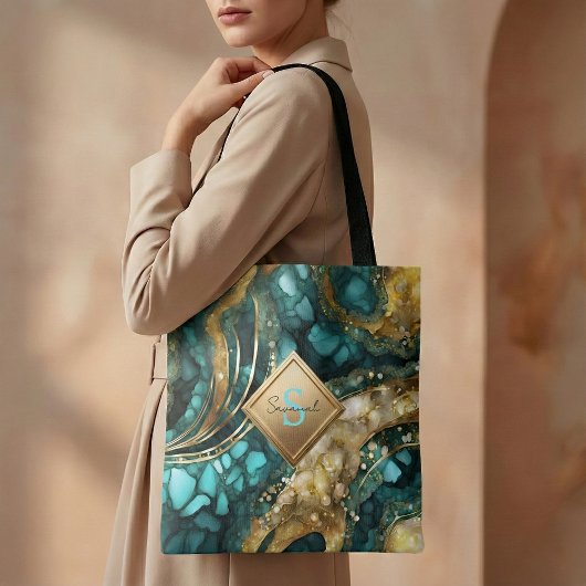 Tote Bag Marbre géode agate or bleu sarcelle monogramme nom