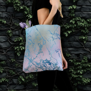 Tote Bag Marbre Iridescente Tendance Faux Holo bleu rose
