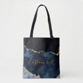 Tote Bag Marbre marbré bleu et or Marine Agate Texte person (Devant)