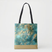 Tote Bag Marbre Monogramme Nom Initial Turquoise Vert Or (Devant)