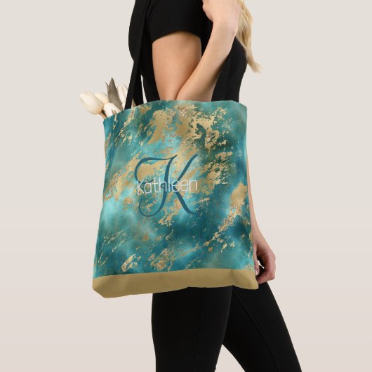 Tote Bag Marbre Monogramme Nom Initial Turquoise Vert Or (De près)