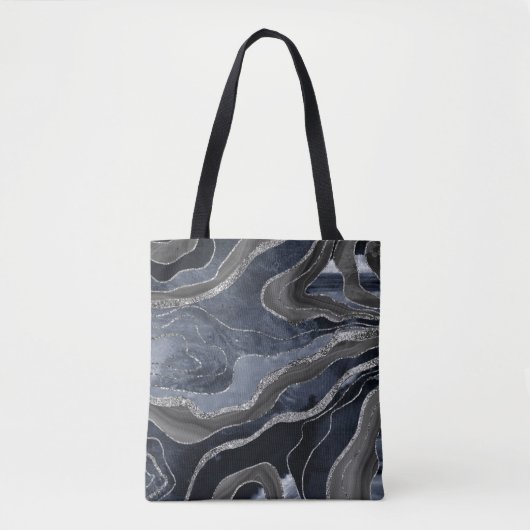 Tote Bag Marbre noir bleu marine Agate Parties scintillant (Devant)
