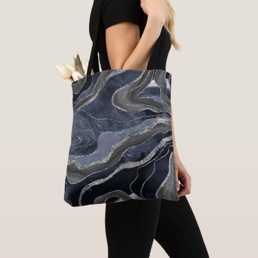 Tote Bag Marbre noir bleu marine Agate Parties scintillant (De près)