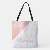 Tote Bag Marbre Rose Pailleté Monogramme Initial Nom de Ten (Devant)