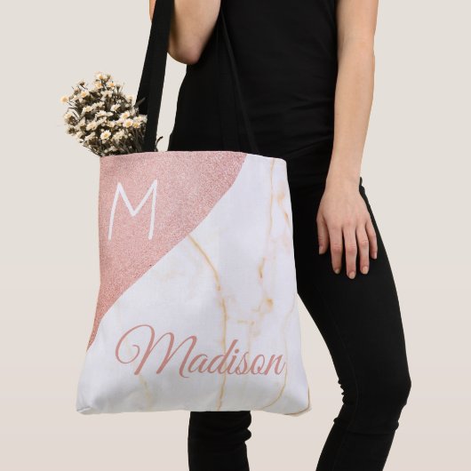 Tote Bag Marbre Rose Pailleté Monogramme Initial Nom Tendan (De près)