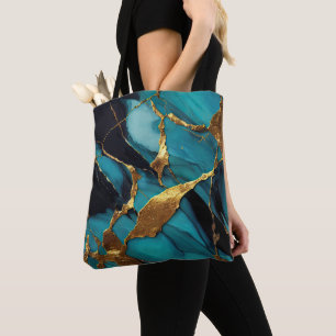 Tote Bag Marbre sarcelle profond avec veines d'or audacieus