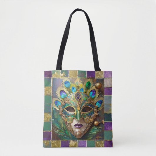 Tote Bag Mardi Gras Gold Ceramic Peacock Feature Masque (Devant)