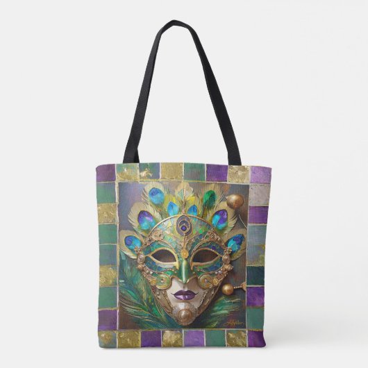 Tote Bag Mardi Gras Gold Ceramic Peacock Feature Masque (Dos)