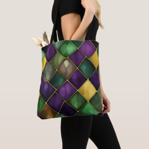 TOTE BAG MARDI GRAS GREEN & PURPLE DIAMOND MOTIF