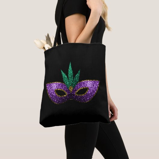 Tote Bag Mardi Gras Masque Purple Vert Or Étincelles | Noir (De près)