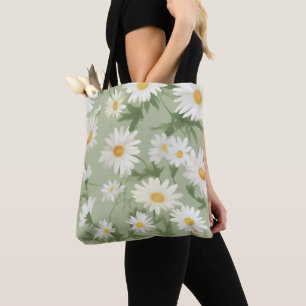 Tote Bag Marguerites blanches sur Sage Green